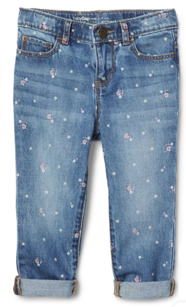 Girls' jeans are elastic-waisted regular pants.